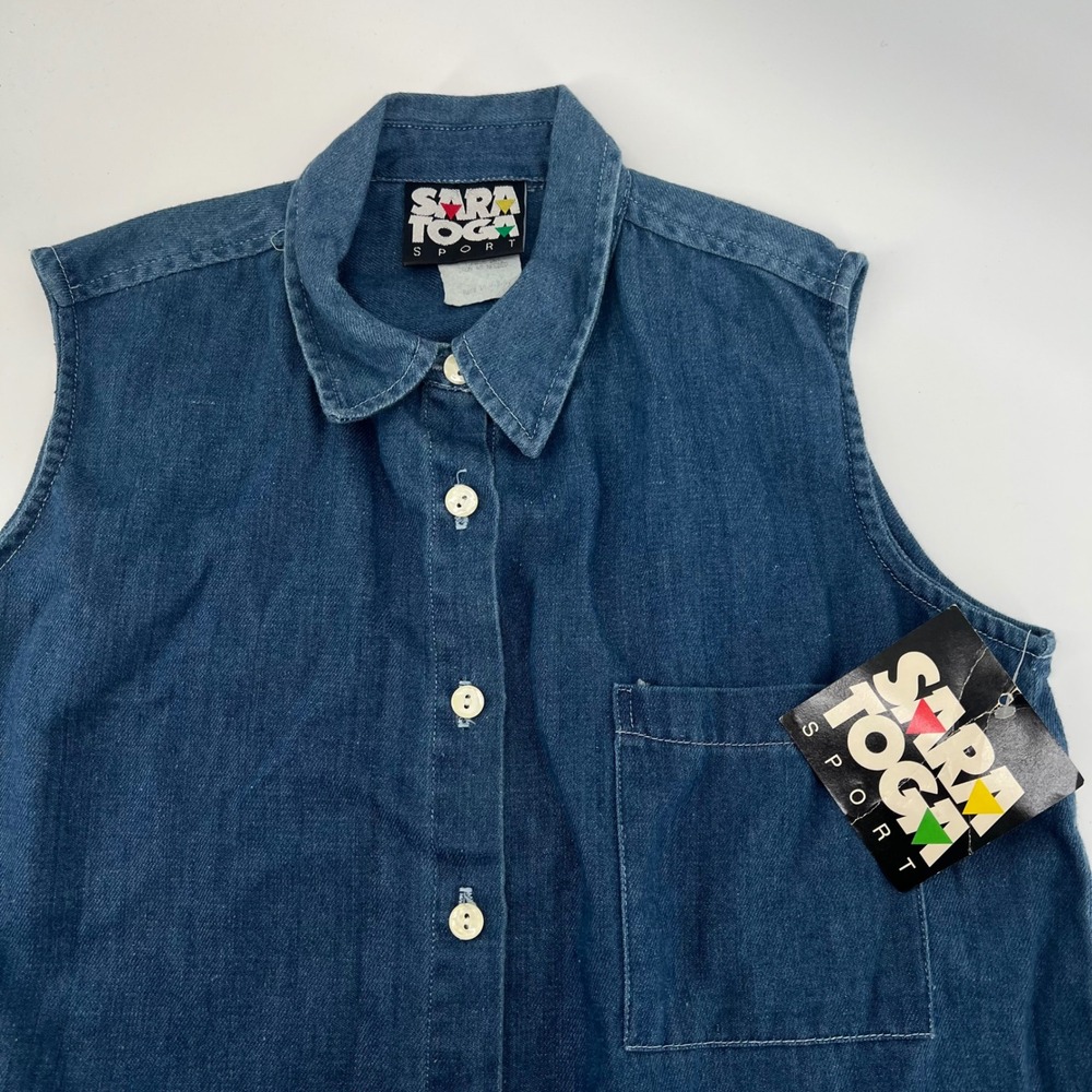 Vintage Saratoga Sport Womens Blue Denim Sleeveless Shirt‎ S Petite NWT USA Made
